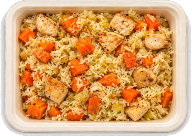 Menüschale mit Reis, Hähnchen und Möhren